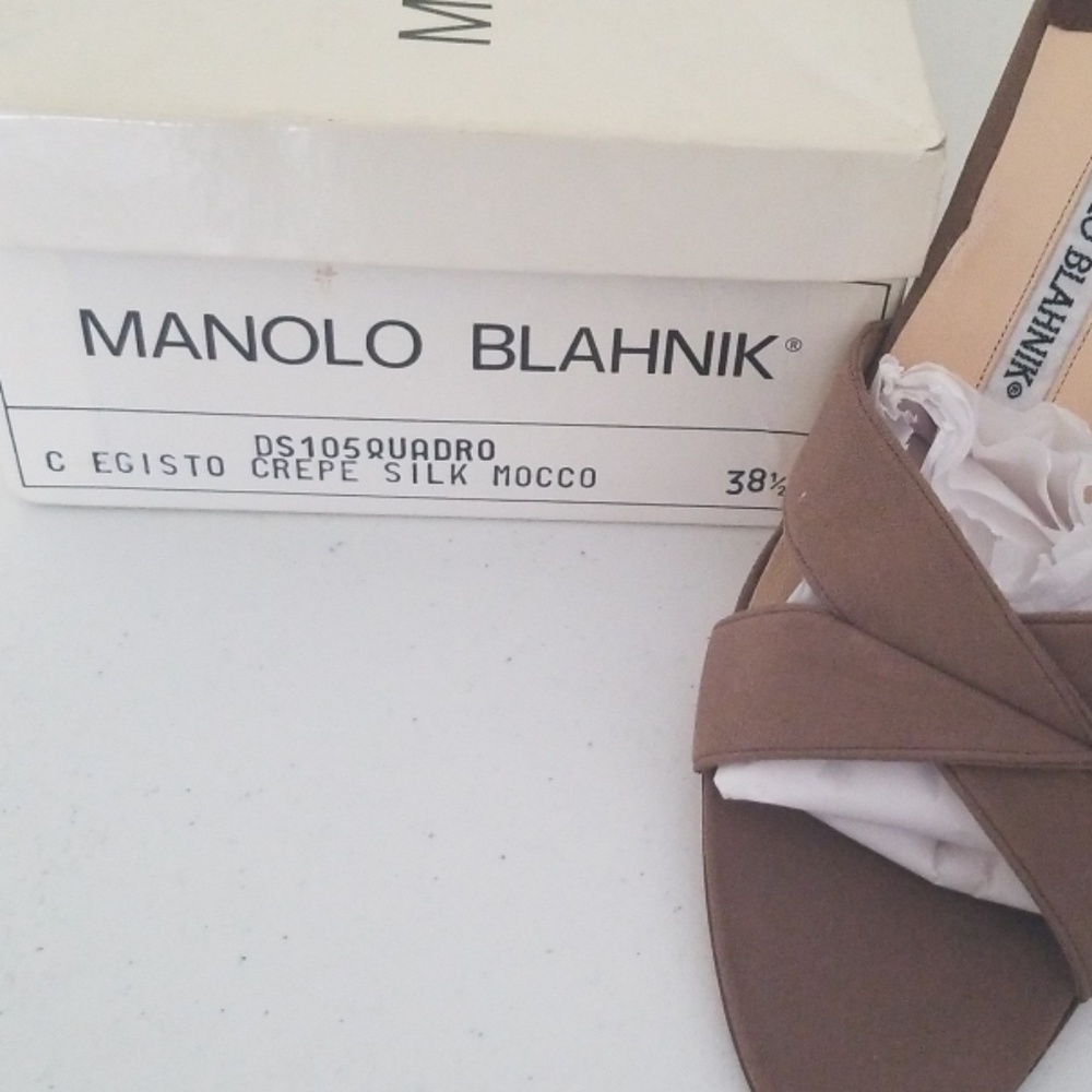 Manolo Blahnik Taupe Cross-Strap Satin Heels - Picture 3 of 4
